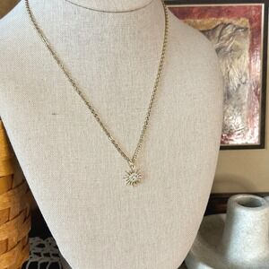 Gold Tone Starburst‎ Pendant Necklace with Rhinestone Center Women's Jewelry